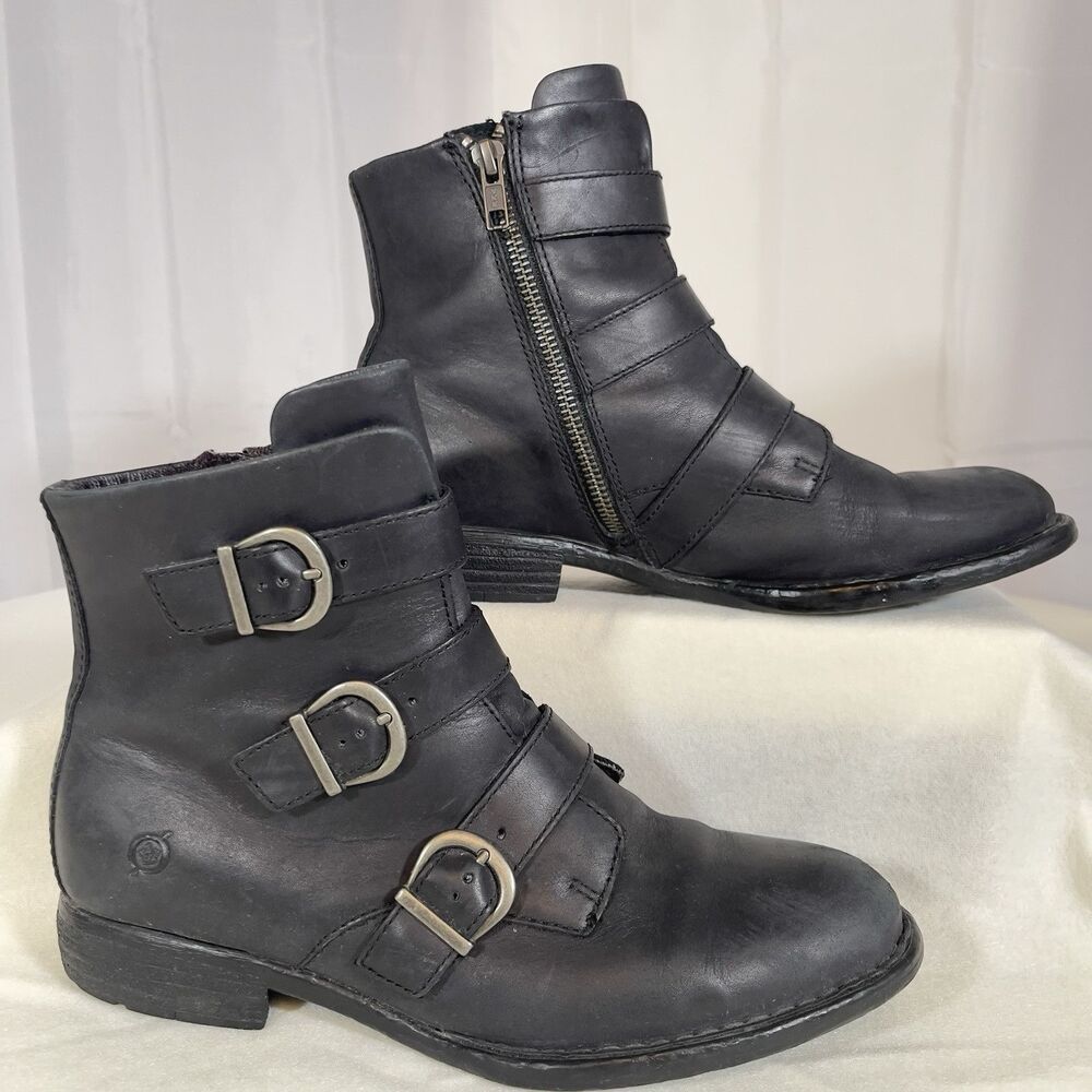 BORN Women’s Nivine Leather Black Buckle Ankle Boot Side Zip Size 8 F70803 Excel